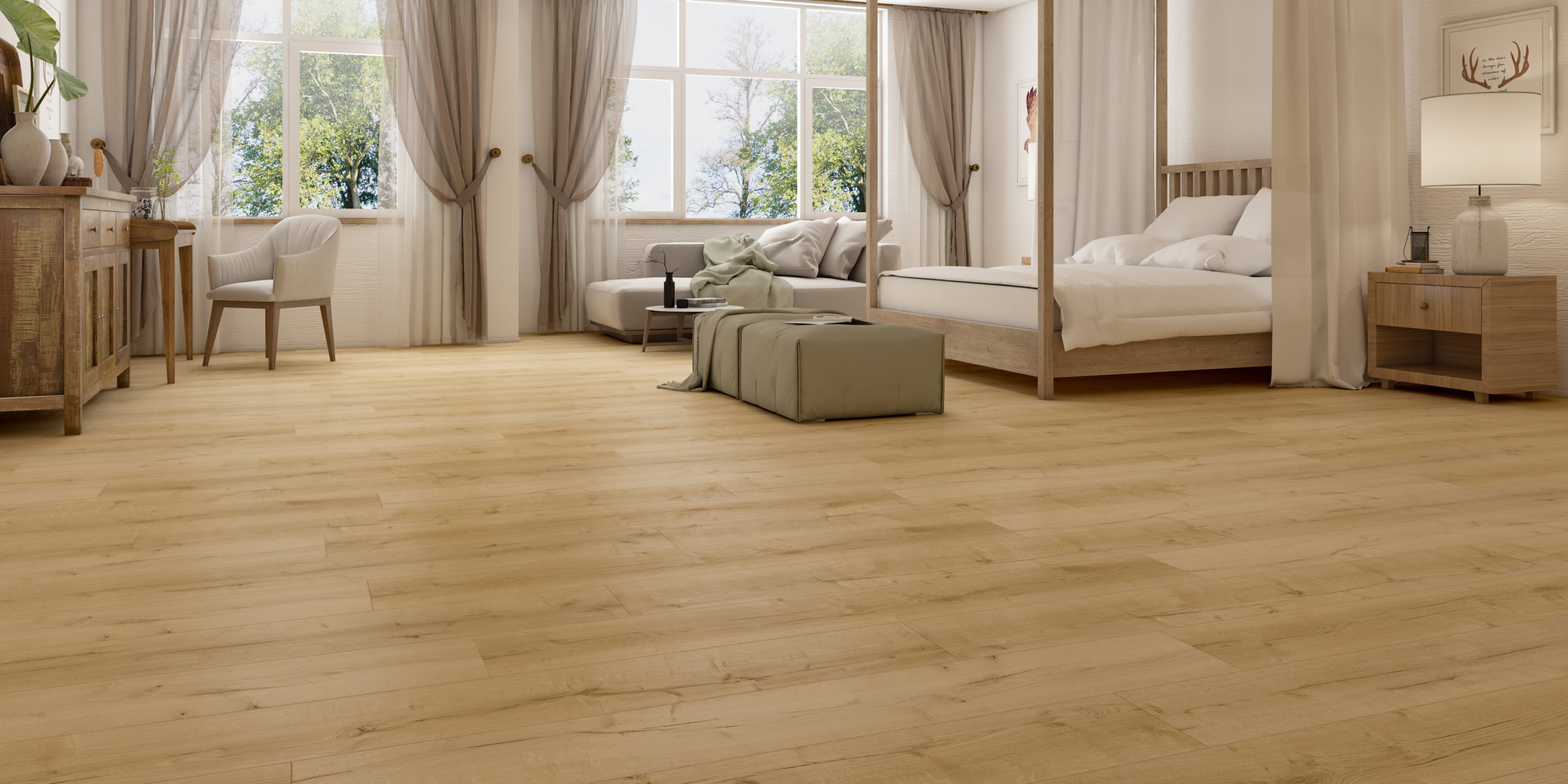 Star Coral light oak-look plank floor in a bright bedroom with a canopy bed