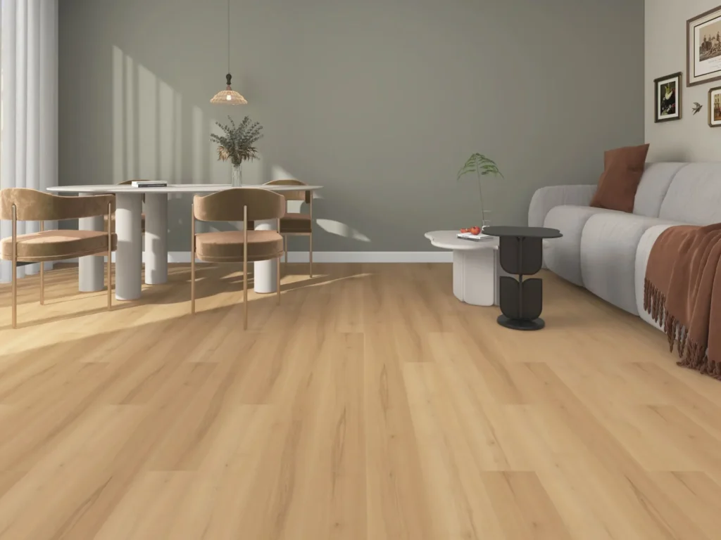 Wide-plank oak flooring in a styled modern interior