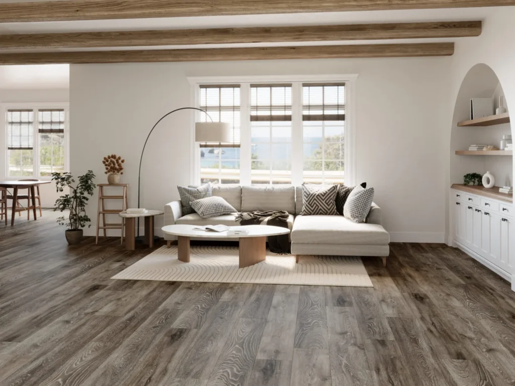 Grey-brown wide-plank flooring in an open living room
