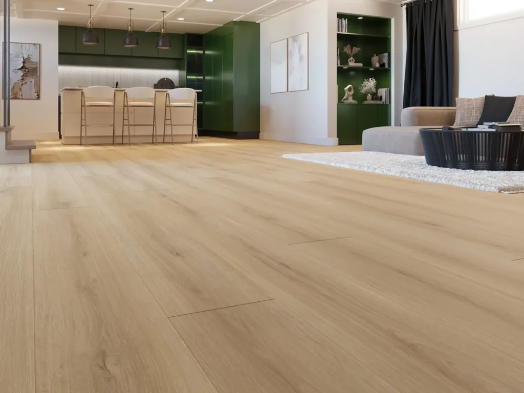 Wide-plank flooring in a finished basement living space