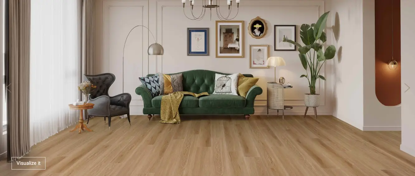 Green tufted sofa with yellow and patterned cushions in a bright living room with wall art and a tall plant on the right side.",