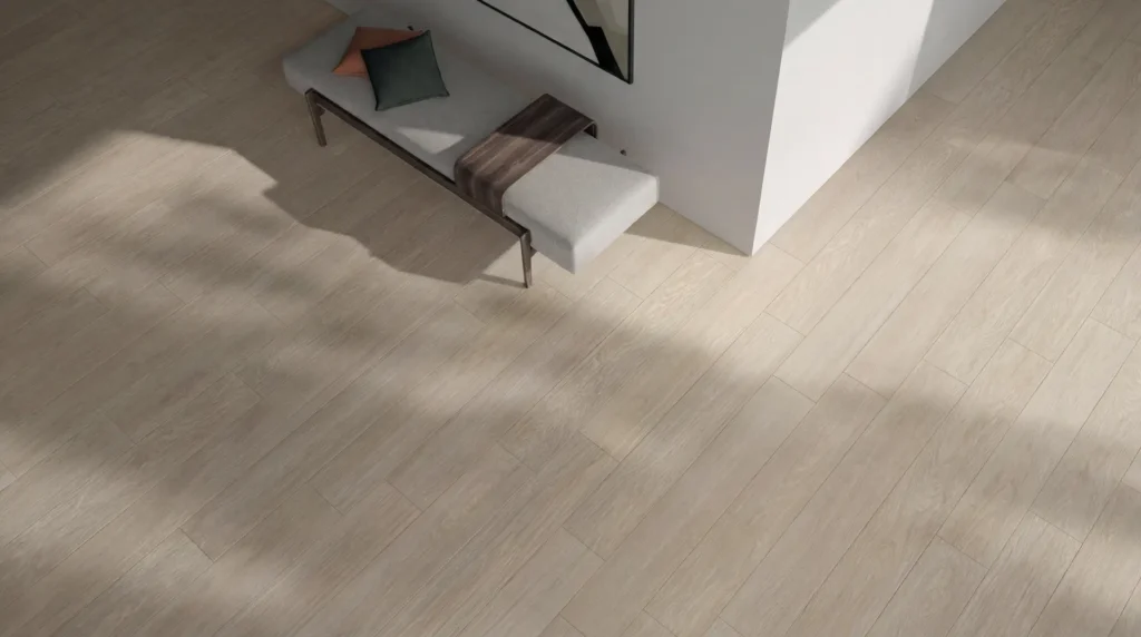 Wide-plank oak flooring in a styled modern interior