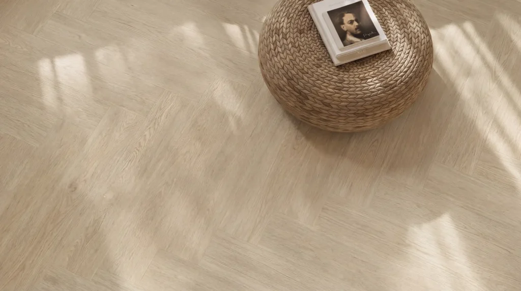 Wide-plank oak flooring in a styled modern interior