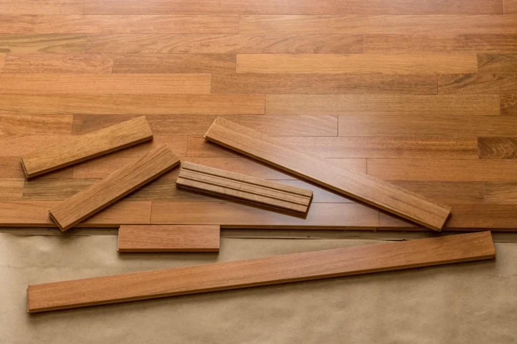Wide-plank oak flooring in a styled modern interior