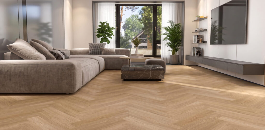 Light oak herringbone floor in a modern living room