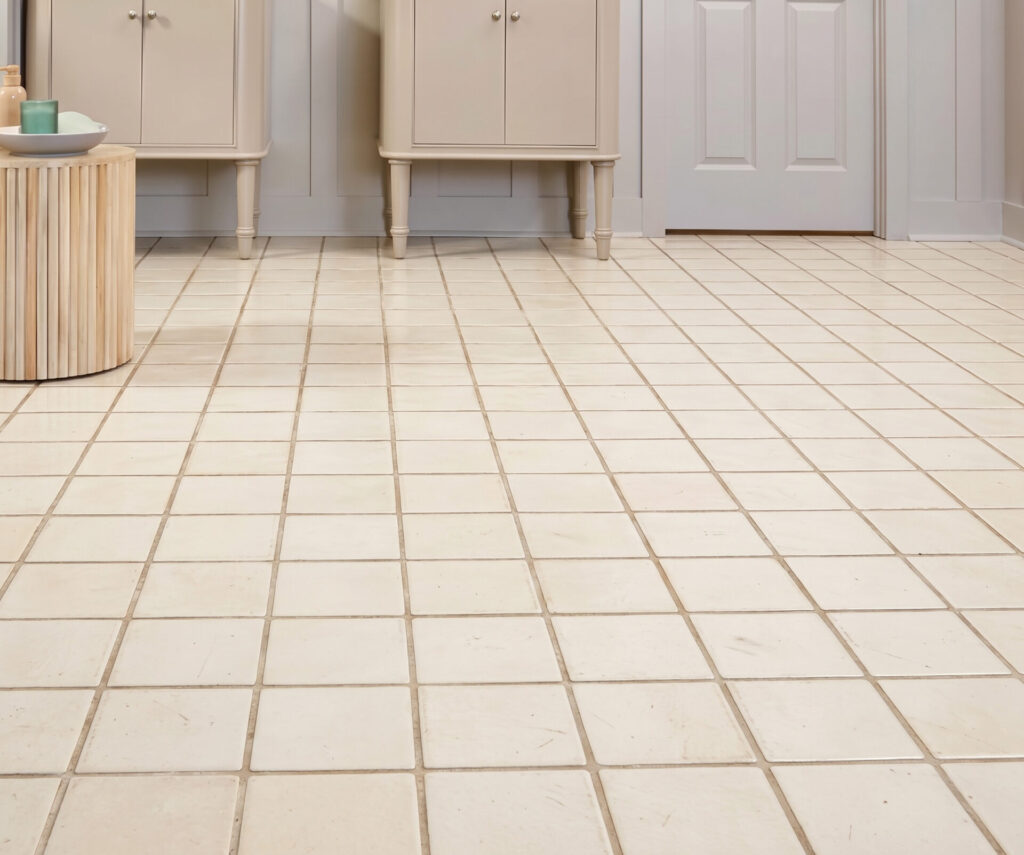 Old cream ceramic tile floor in a bathroom before vinyl