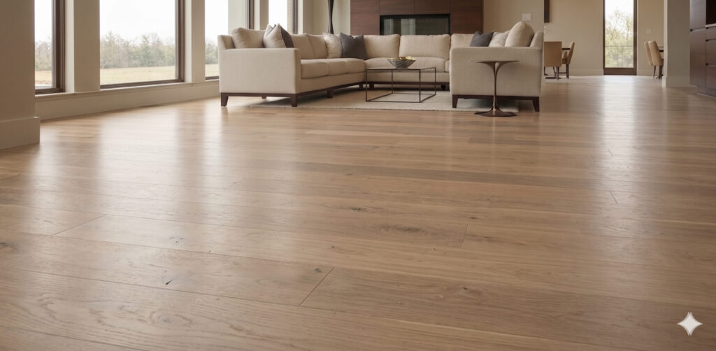 Wide-plank oak hardwood floor in a large open living room