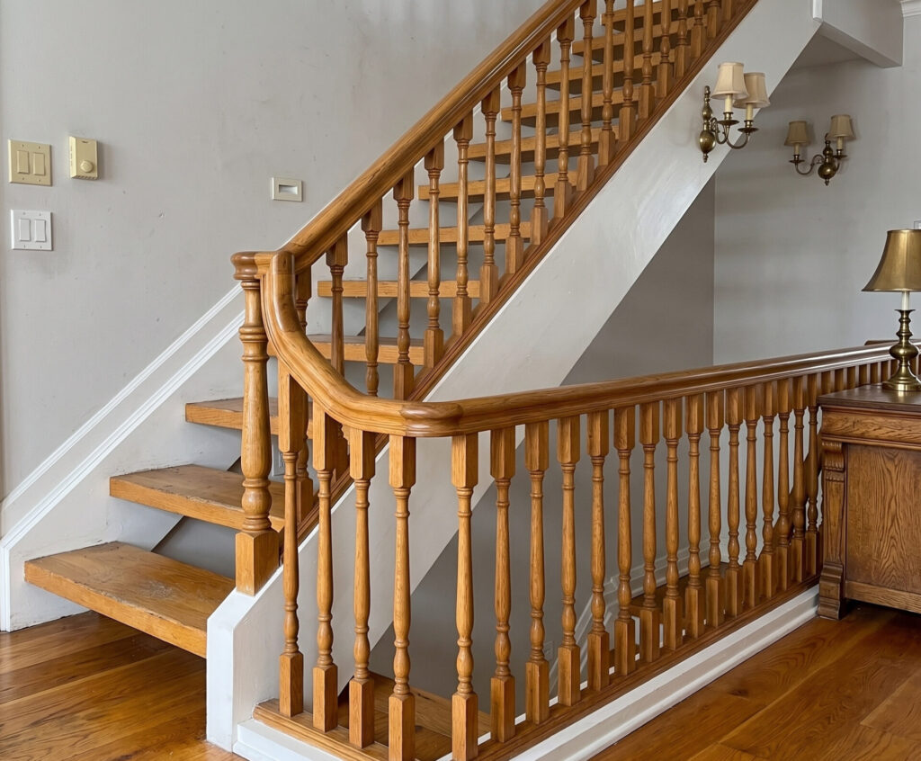 Traditional oak staircase with turned wood spindles before glass railing