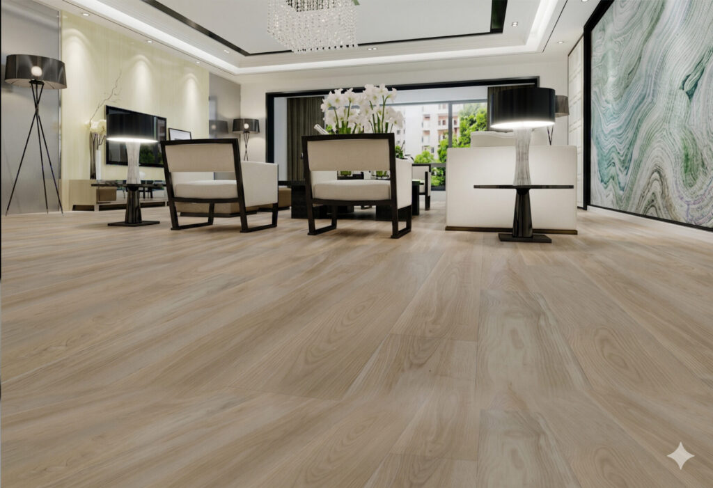 Wide-plank oak flooring in a styled modern interior