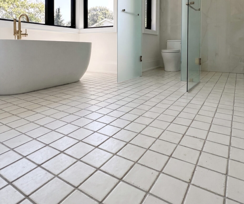 Small white square tiles in a bathroom before renovation