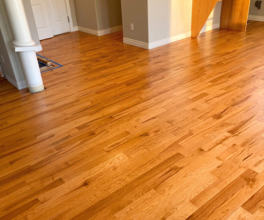 Orange-toned oak hardwood floor before sanding and refinishing